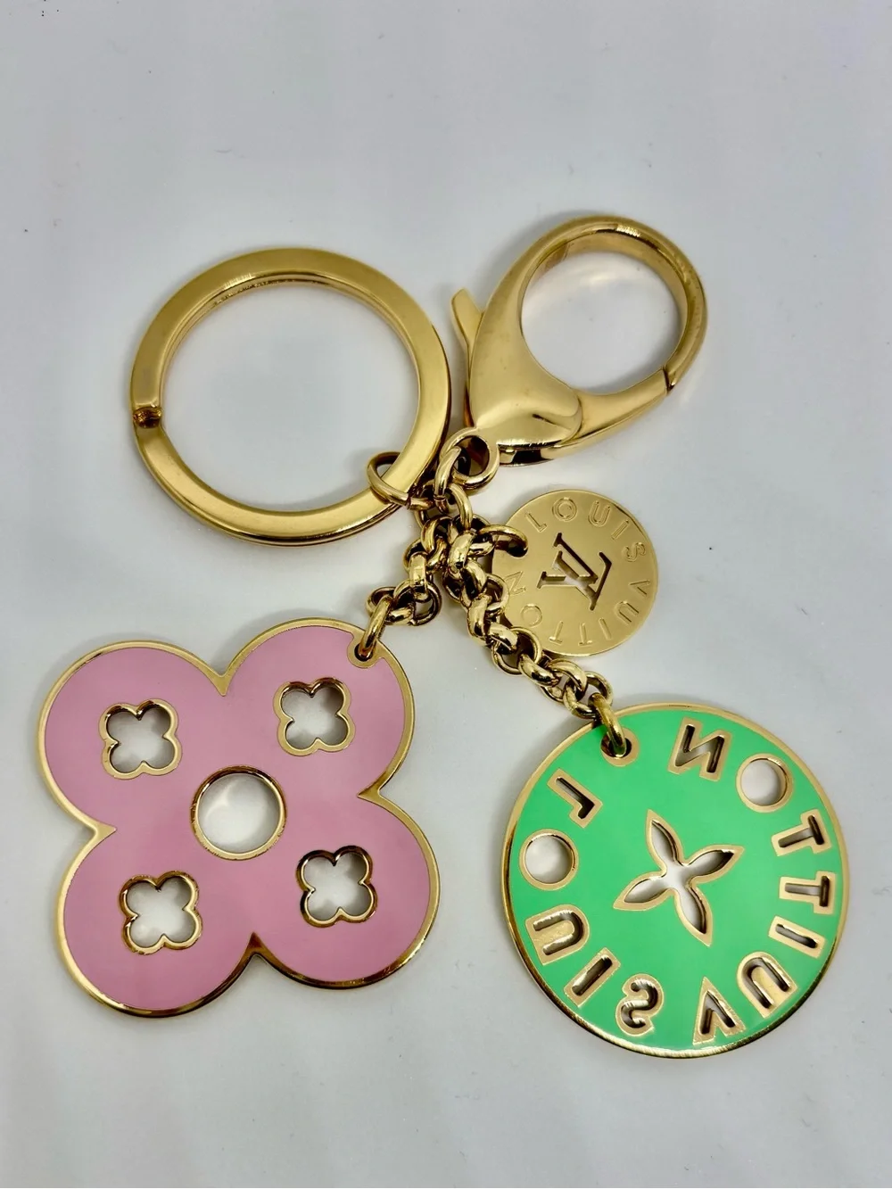 Louis Vuitton Pink & Green Enamel Flower Keyring with Gold Hardware